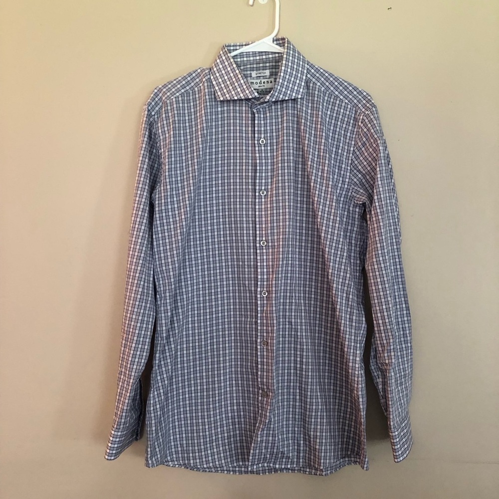 Modena Men’s Slim Fit Dress Shirt stretch plaid blue white mens 16 34/35